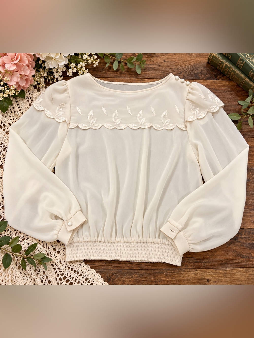 Ivory Embroidered Puff Sleeve Blouse Smocked Waist Cottagecore